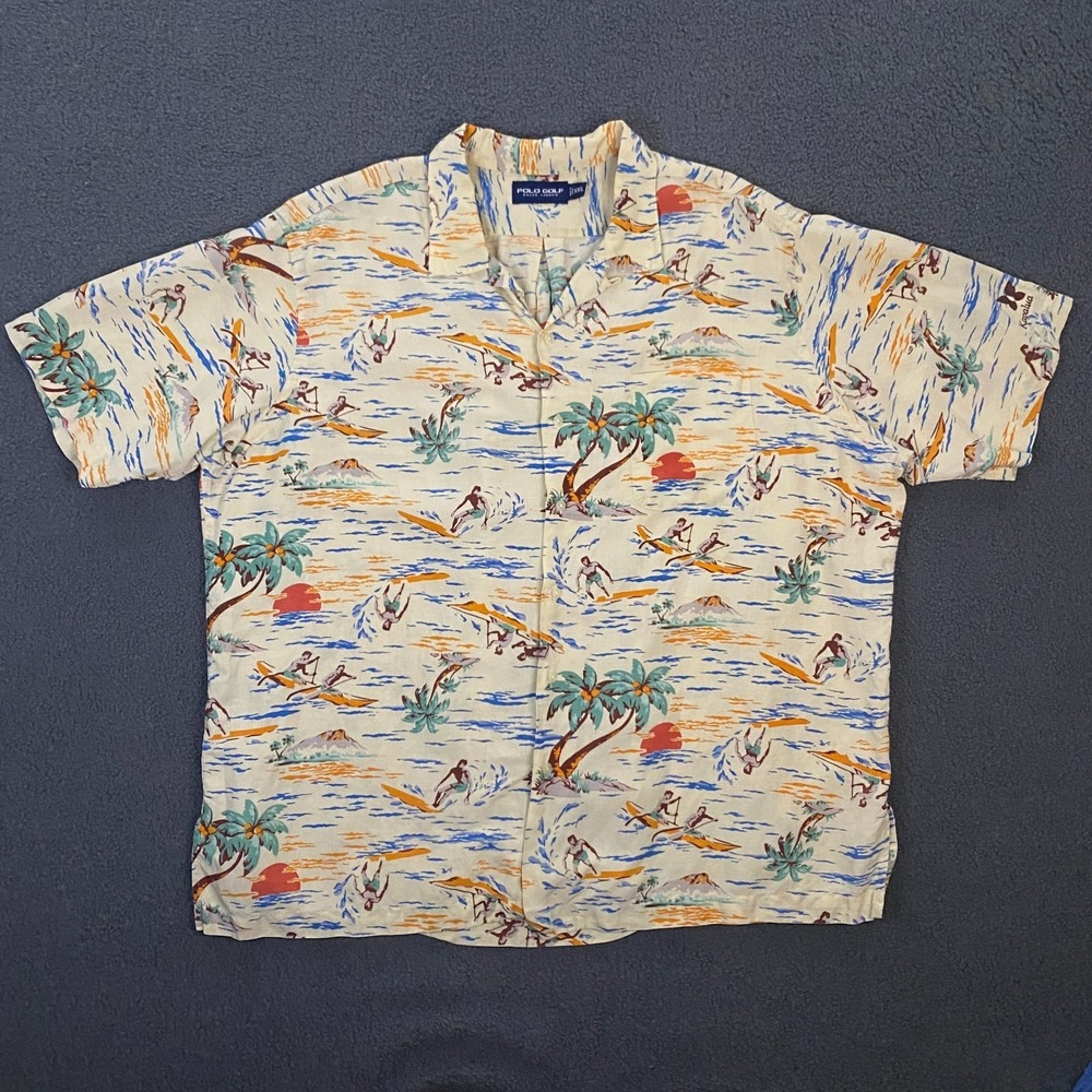 Polo Sport Ralph Lauren Shirt Mens 2XL Hawaiian Linen Silk Camp Loop Collar Surf - Picture 2 of 10